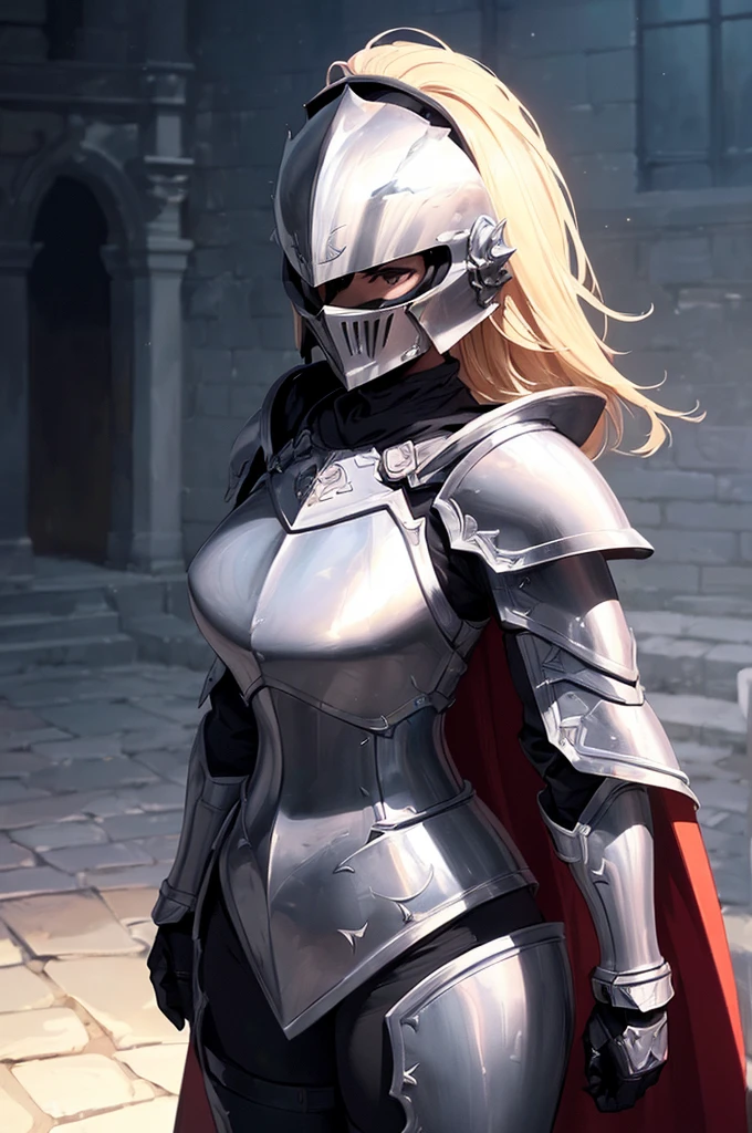 (masterpiece; best quality: 1.2), ((full armored knight woman)), ((solo)), (black eyes: 1.4), (body; toned, strong, femenine: 1.3), (beautiful and clear background: 1.2), ((depth of field)), (equipment: full plate full-black realistic armor + closed helmet with plume + black cape: 1.3), (anime illustration: 1.2), (background composition; garden exterior + furniture: 1.1), (extremely fine and beautiful: 1.1), (shot composition; standing + centered on torso + close-up: 1.5)