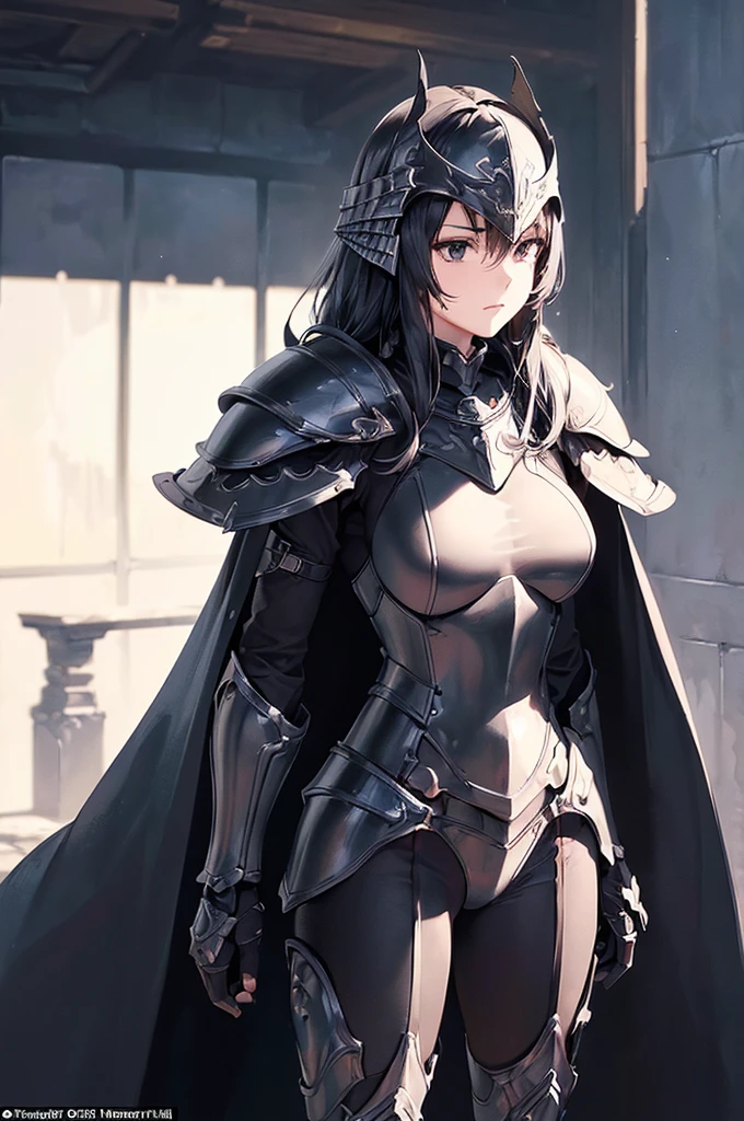  Stunning warrior wearing black armor forged from the scales and bones of Ancalagon, The Black Dragon. The armor is composed of dark metallic plates with a slight bluish glow., engraved with ancient runes. The breastplate fitted to Elara&#39;s body is reinforced and decorated with thorns and details that resemble the dragon&#39;s scales.. The espaliers imitate the dragon&#39;s wings, with sharp edges. The arms are protected by bracers carved in scale patterns, and the legs are covered in greaves and shin guards that offer flexibility and resistance.

Elara wears a partial helmet, leaving your face partially exposed. Her bright, expressive green eyes contrast with her black hair., which falls in gentle waves and is partially pinned back. The helmet is adorned with short horns that curve backwards., similar to those of Ancalagon.

She holds the Arch of Stars, That shines with an ethereal light, and a legendary dagger, the Blade of Shadow, is attached to your waist. The surrounding scenery is a battlefield, with the colossal body of Ancalagon in the background.
