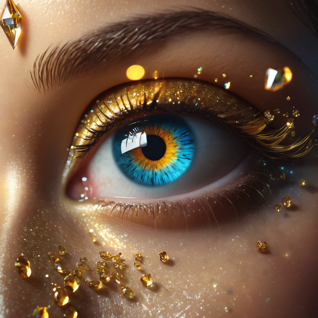 Eye crying diamond, hyperrealistic, 8K, photorealistic, masterpiece, cinematic lighting, volumetric lighting, dramatic lighting, vibrant colors, golden hues, glowing, ethereal, mystical, fantasy, digital art