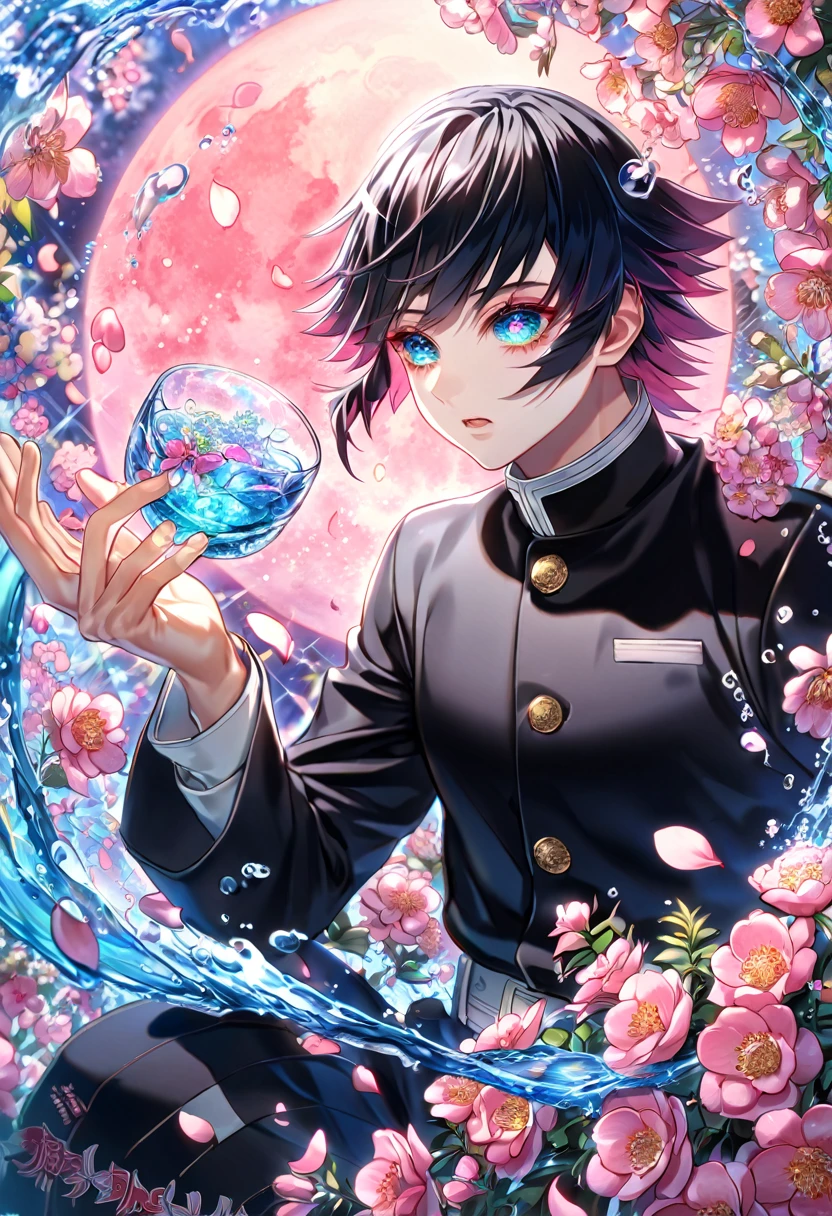 absurdres, highres, ultra detailed, HDR, master piece, best quality, extremely detailed, Tokito Muichiro, long black hair, expressive cyan eyes, Kimetsu No Yaiba, solo, sexy man, handsome, black demon slayer uniform, magical, fantasy, glittering, sparkling, glass, pink flowers,  pink petals, water, pink moon