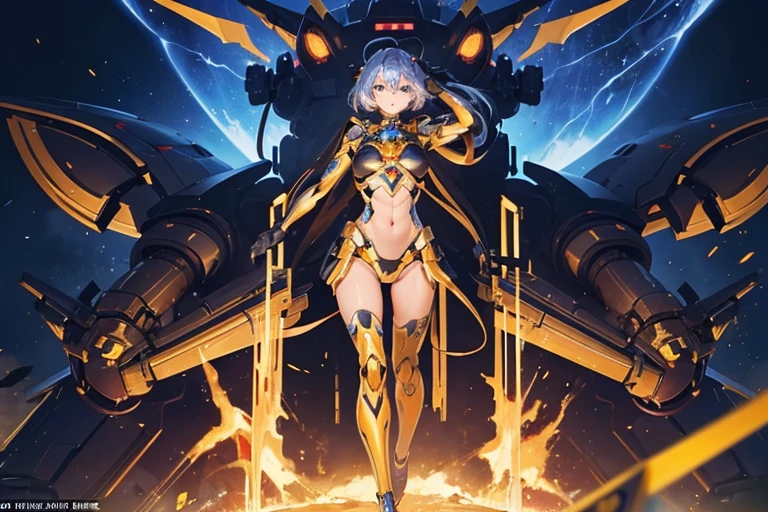 One woman:1.6, Mecha Girl, From the face down, the golden internal skeleton is exposed., The face is a beautiful human face, Masterpiece, Are standing, Full Body Shot.,
