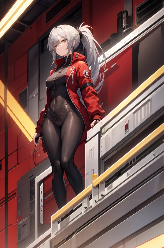 Tall, slim, She has long grey hair tied back in an enormous, messy ponytail that reaches down to her thighs, hair covering one eye, she wears a red jacket, wearing a black full-body suit, golden eyes, angle from below, laboratory background