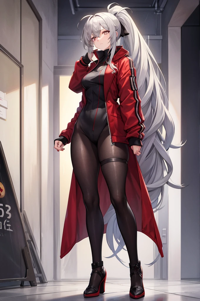 Tall, slim, She has long grey hair tied back in an enormous, messy ponytail that reaches down to her thighs, hair covering one eye, she wears a red jacket, wearing a black full-body suit, golden eyes, angle from below, laboratory background