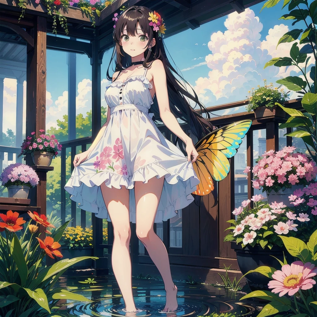 masterpiece, Highest quality, rainbow色のホログラムがゆらめく、Absurd, figure, watercolor,One girl,Girl with butterfly wings, in water, alone, Long Hair, dress, Skirt Hold, panties, No sleeve, barefoot, Bare shoulders, Are standing, Outdoor, cloud, null, water, water splashes, rainbow,(tight dress:0.5),(green, red, pink, Flower Room) ((rainbow色ホログラフィック衣類:1.3)) 