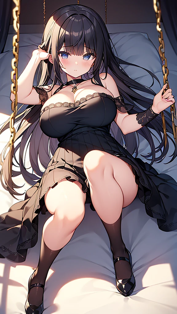 ((masterpiece)), (Highest quality、16K), (Simple style), Big Breasts, Swinging Big , Wearing a face stolen from someone else, No sleeve, Sleeveless, Off the shoulder, Black Dress, Short skirt, Pleated lace, Lace dress, Dark blue knee socks. whole body, Luxurious Room, NSFW
