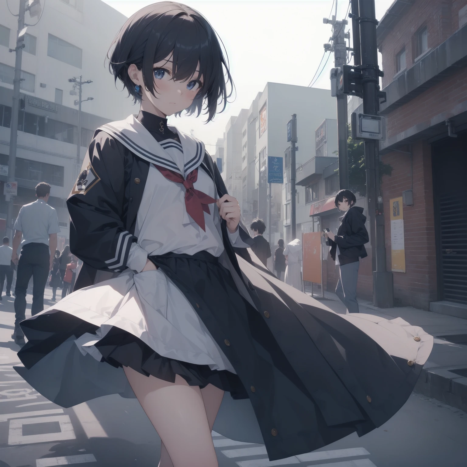 ultra-absurdres-Top quality by artist God, ultra-detailed, high resolution, anime moe artstyle, best anime 8k konachan wallpaper, pixiv contest winner, pool:2810, perfect anatomy,break, 1girl, (Please draw a girl walking sleepily to school alone. )break,(Solo,little female, 13-year-old:1.3),Full limbs, complete fingers,a junior high school student, (very short hair), short cut, flat chest, , small butt, small black eyes, beautiful detailed eyes, well-proportioned iris and pupils, expressive eyes, highres detailed hair, soft expression, salor school_uniform, sailor collar, serahuku, bow, pleated skirt,(Detailed Lighting), (Detailed background), in the School commute route. break,super detailed skin, Best cinematic lighting powered by famous artist, 8k,beauty illustration,photoshop_(medium),very aesthetic,break,((artist:mochi_au_lait )), artist:clamp ,artist:carnelian ,artist:kantoku ,
