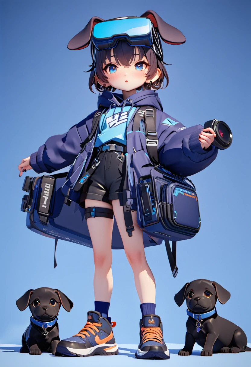 best quality,masterpiece,3d,(\Take him with you\),1 black puppy, Wearing VR glasses on head, ,black dog ears，whole body
