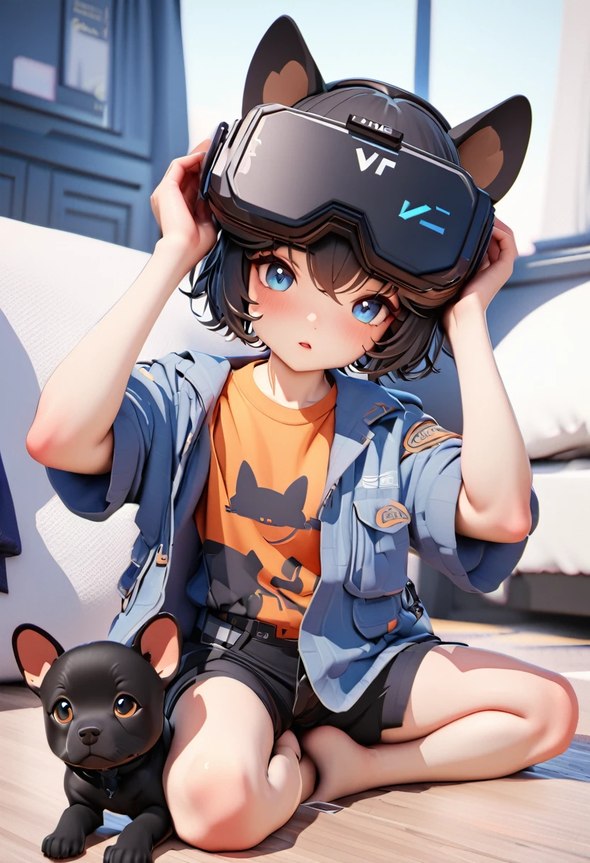 best quality,masterpiece,3d,(\Take him with you\),1 black puppy, Wearing VR glasses on head, ,black dog ears,whole body