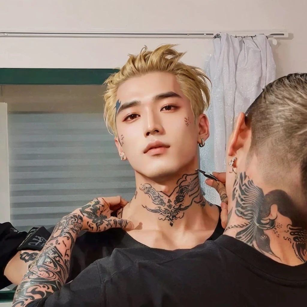 Arafed man with a tattoo on his neck getting his hair cut, cai xukun, with facial tattoo, kim taejin, inspired by Gang Se-hwang, inspired by Kim Deuk-sin, Korean artist, inspired by Yanjun Cheng, little peep, inspired by jeonseok lee, with tattoos, hyung tae, neck tattoos, xqc