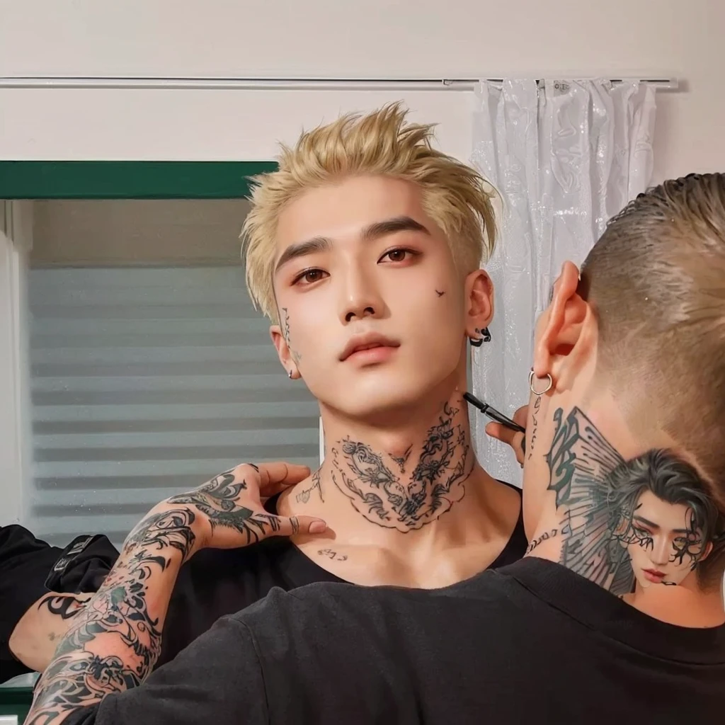 Arafed man with a tattoo on his neck getting his hair cut, cai xukun, with facial tattoo, kim taejin, inspired by Gang Se-hwang, inspired by Kim Deuk-sin, Korean artist, inspired by Yanjun Cheng, little peep, inspired by jeonseok lee, with tattoos, hyung tae, neck tattoos, xqc