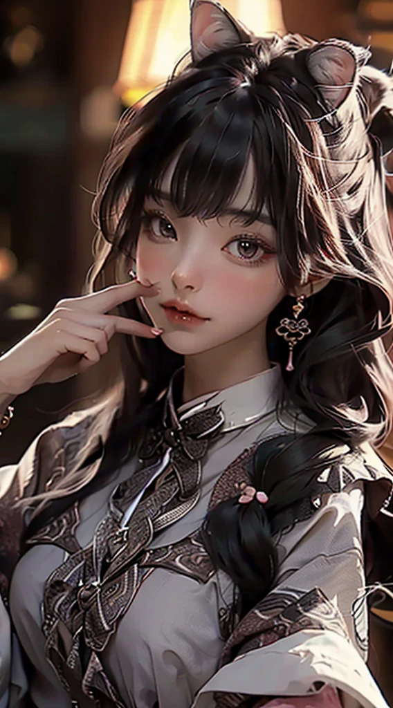 ((best best quality)), ((MasterPiece)), (Detail:1.4), 3D, A beautiful cyberpunk female image,HDR(high dynamic range),RayTrace,nvidia rtx,The ultra-Resolution,Unreal 5,Subsurface scattering、pbr texturing、postprocessing、Anisotropic Filtering、depth offield、Maximum Clarity and Clarity、Many-Layer Textures、Albedo and Specular map、Surface coloring、Mitsu-Accurate simulation of material interactions、Perfect Scale、octanerendering、Two-colored light、large aperture、low ISO、white balance、Rule of Thirds、8K RAW、beautiful bright pupils,flowing robe,Fine pupils,Detailed face and eyes,Long Lashes,Blushlush,voluminous hair,Tender red lips