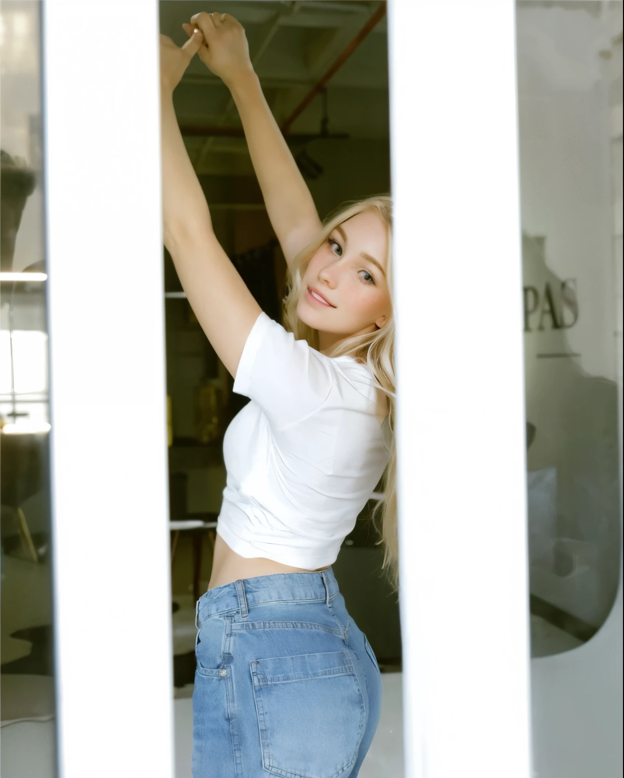 a one woman, americana, age 25, pale skin and freckles, grey-eyed, delicate nose, soft and delicate lips, distant, distant, wavy, waist-length blonde hair, Sweet smile, face with delicate feminine facial features, Highly Rendering 