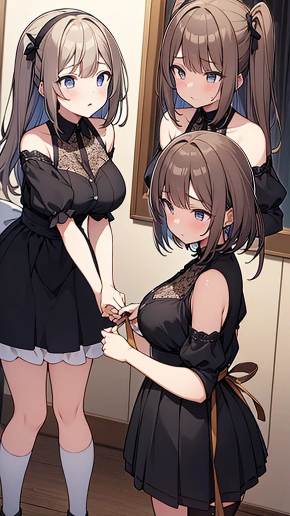 ((masterpiece)), (Highest quality), (Simple style), Big Breasts, Swinging Big , Wearing a face stolen from someone else, No sleeve, Sleeveless, Off the shoulder, Black Dress, Pleated lace, Lace dress, 白ニーソックス. whole body, Luxurious Room, NSFW