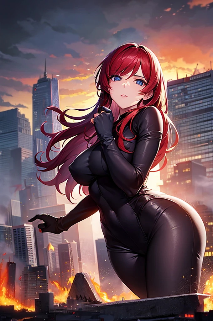 remove the woman entirely and replace it with more of the burning city. No characters present, just a burning city