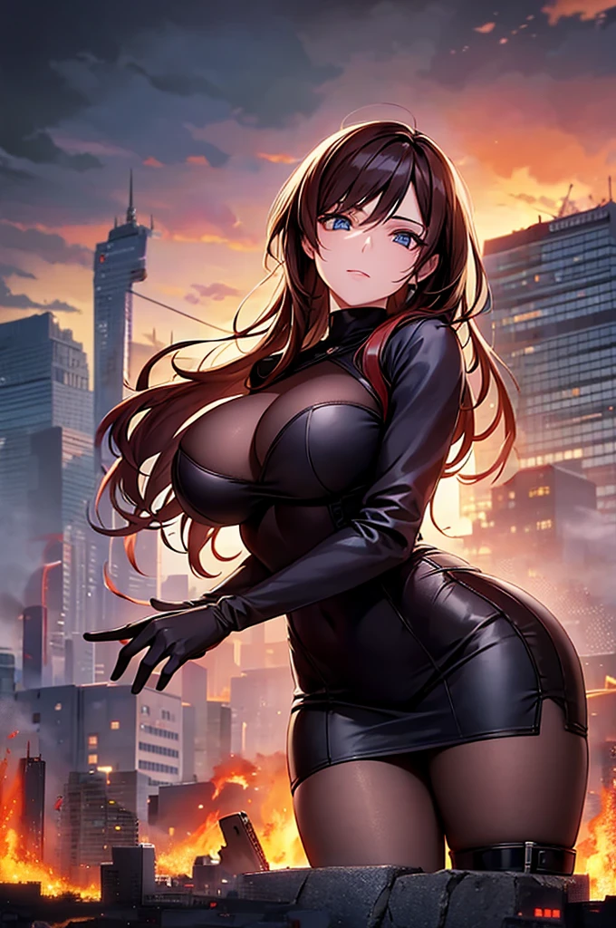 remove the woman entirely and replace it with more of the burning city. No characters present, just a burning city