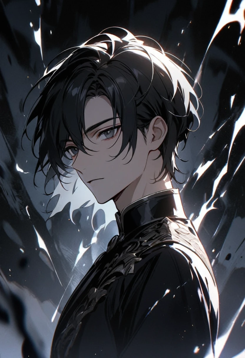 Man, short hair, black hair, black eyes, glowings eyes, black aura, white aura, handsome, high quality,