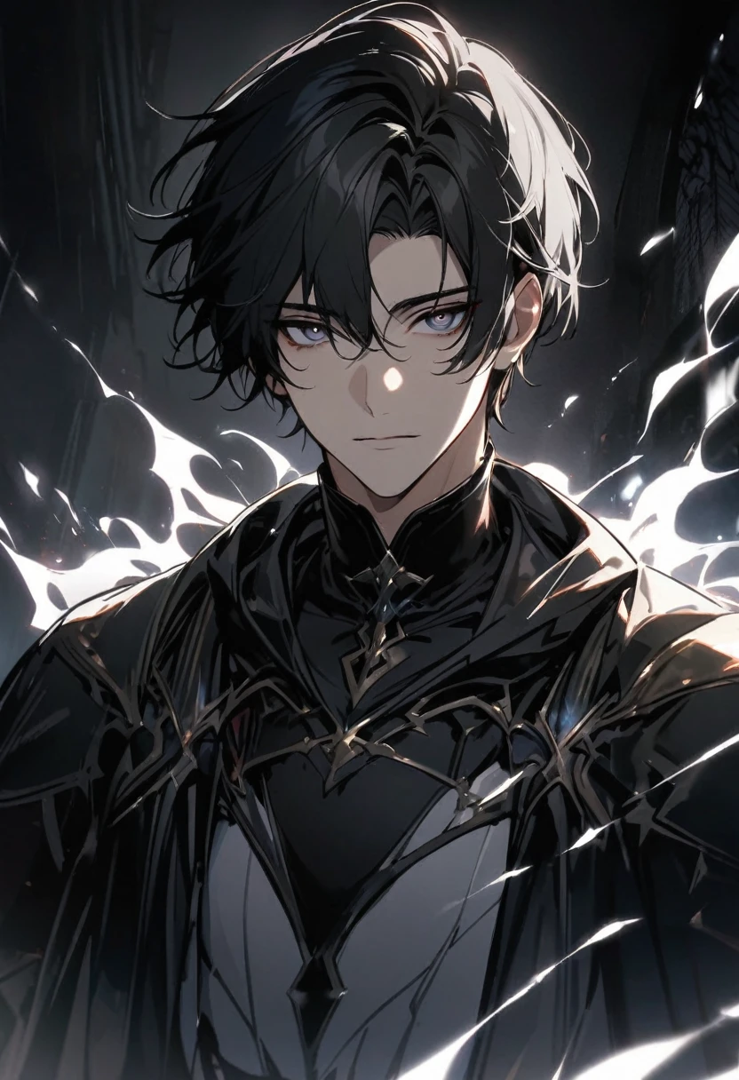 Man, short hair, black hair, black eyes, glowings eyes, black aura, white aura, handsome, high quality,