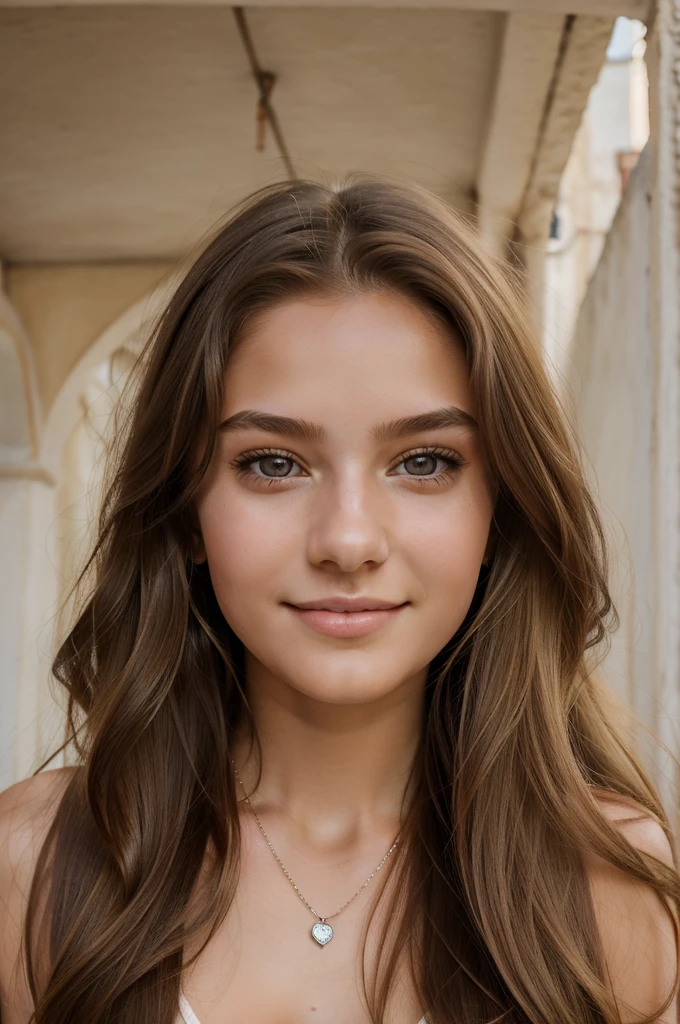 1Girl 18 years old, alone, long hair, midsize , looking down at viewer, pretty smile, blond hair, bare shoulders, brown eyes, jewellery, full entire body, necklace, fashionable outfit with sheer tops, pullover, lips, realistic, nose, flirt with camera, background city of Positano, Ital