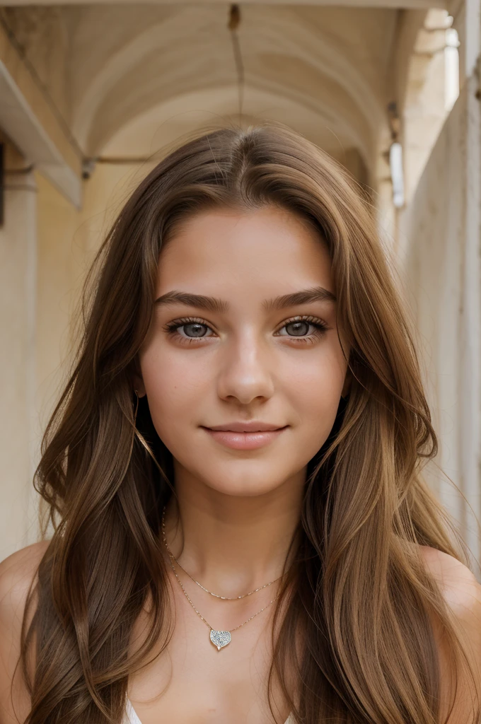 1Girl 18 years old, alone, long hair, midsize , looking down at viewer, pretty smile, blond hair, bare shoulders, brown eyes, jewellery, full entire body, necklace, fashionable outfit with sheer tops, pullover, lips, realistic, nose, flirt with camera, background city of Positano, Ital