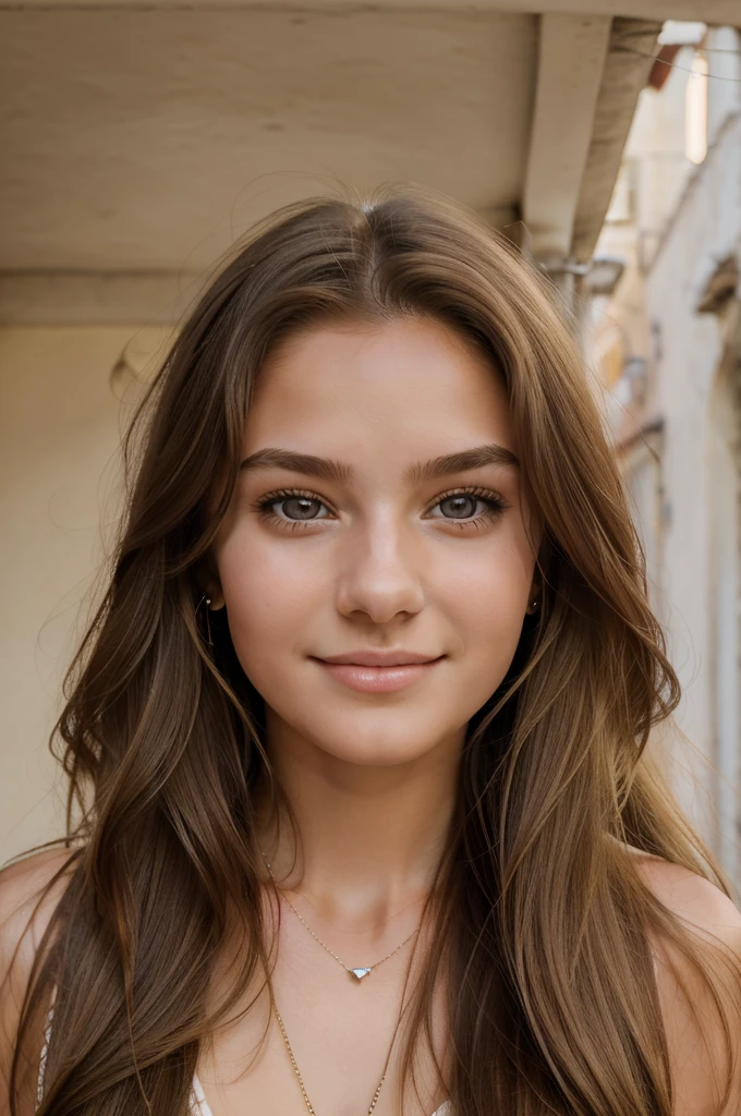 1Girl 18 years old, alone, long hair, midsize , looking down at viewer, pretty smile, blond hair, bare shoulders, brown eyes, jewellery, full entire body, necklace, fashionable outfit with sheer tops, pullover, lips, realistic, nose, flirt with camera, background city of Positano, Ital