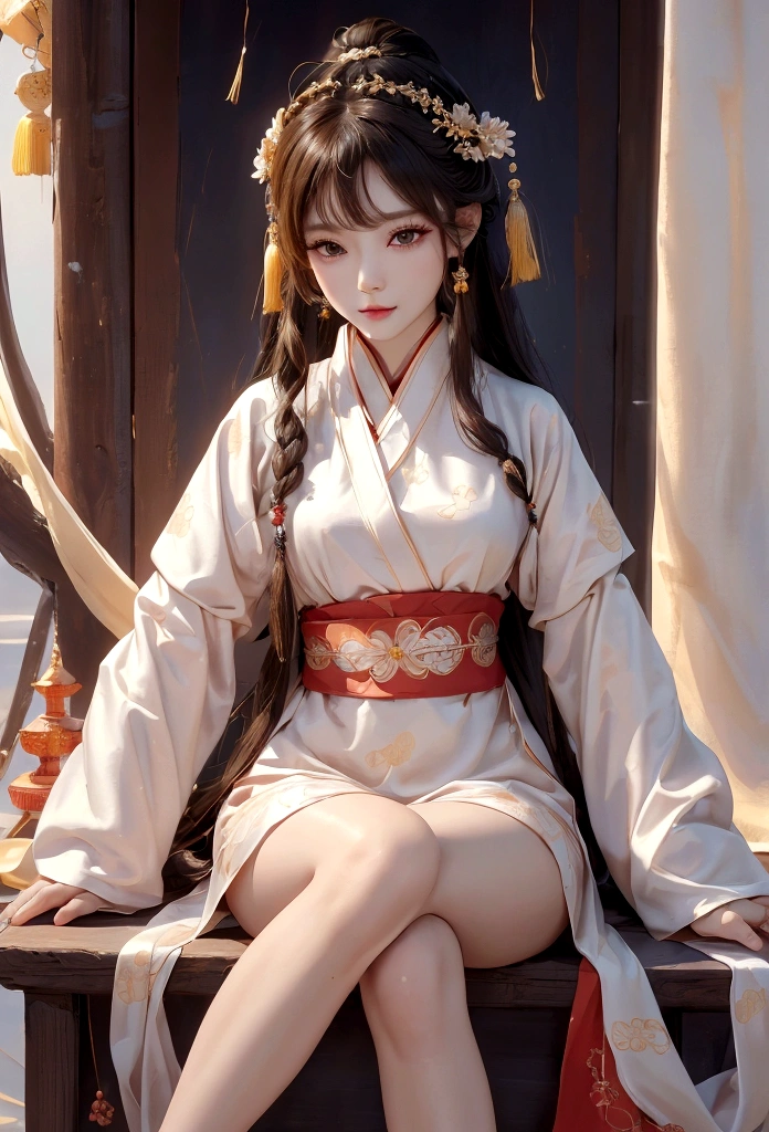 Ultra-fine face,woman, Chinese style, Ancient Wind,Hanfu, Sitting pose, Long white hair, Delicate clothing patterns, Elegance, Gorgeous, Elegance, smile,Sky Sky, ribbon,Sense of brokenness, It is, Bubble, Double up braid, Hairline, Diagonal bangs, hair band, hair ornaments,Sparkling, Cinema Lighting, Hyper HD, High resolution, 最high quality, 8K, High detail, high quality, Super Detail, Anatomically correct, masterpiece, Accurate,plump,Landscape painting,screen、Small breasts、Sitting pose、Exposed thighs