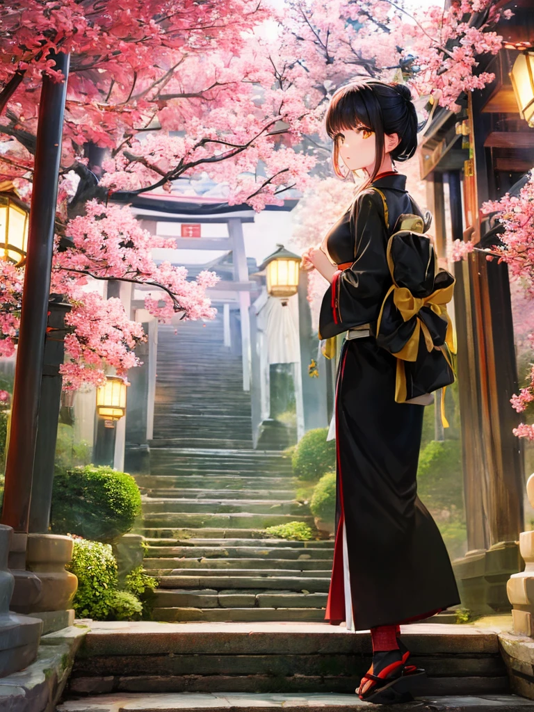 ((masterpiece,best quality)),2girls, black kimono, black legwear, black ribbon, black hair, cherry blossoms, day, flower, hair bun, hair ribbon, japanese clothes, kimono, long hair, looking at viewer, looking back , multiple girls, belts, outdoors, red eyes, red hair, ribbon, sandals, single bun, stairs, standing, statue, torii, tree, white kimono, yellow eyes