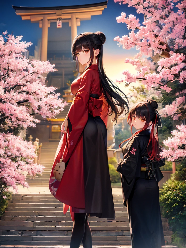 ((masterpiece,best quality)),2girls, black kimono, black legwear, black ribbon, black hair, cherry blossoms, day, flower, hair bun, hair ribbon, japanese clothes, kimono, long hair, looking at viewer, looking back , multiple girls, belts, outdoors, red eyes, red hair, ribbon, sandals, single bun, stairs, standing, statue, torii, tree, white kimono, yellow eyes