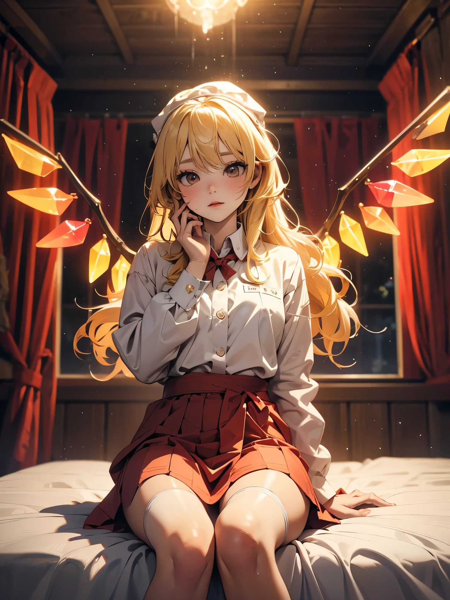 Eastern Project, Flandre Scarlet sitting on the bed in JK uniform, hands crossed at the waist, light yellow hair, warm lighting, blurry foreground, cute, change, アニメ, 4K, with demon wings, shower cap, work of art, trunk