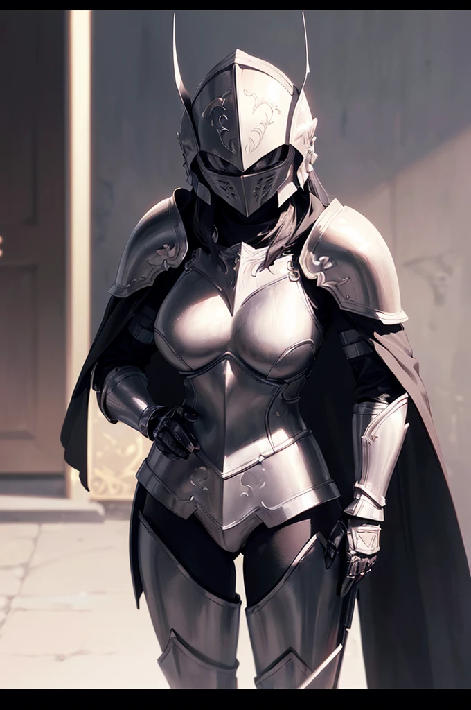 (masterpiece; best quality: 1.2), ((full armored knight woman)), ((solo)), (black eyes: 1.4), (body; toned, strong, femenine: 1.3), (beautiful and clear background: 1.2), ((depth of field)), (equipment: full plate black-damascus realistic armor + closed helmet with plume + black cape: 1.3), (anime illustration: 1.2), (background composition; garden exterior + furniture: 1.1), (extremely fine and beautiful: 1.1), (shot composition; standing + centered on torso + close-up: 1.5)