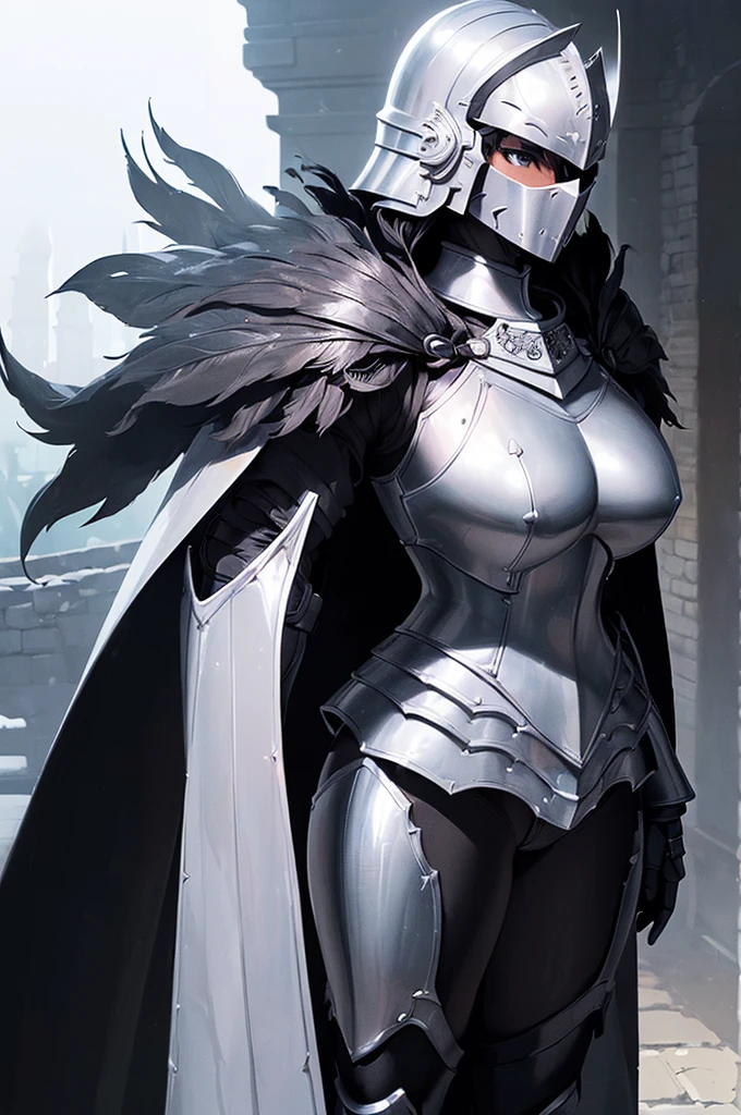 (masterpiece; best quality: 1.2), ((full armored knight woman)), ((solo)), (black eyes: 1.4), (body; toned, strong, femenine: 1.3), (beautiful and clear background: 1.2), ((depth of field)), (equipment: full plate full-black realistic armor + closed helmet with plume + black cape: 1.3), (anime illustration: 1.2), (background composition; garden exterior + furniture: 1.1), (extremely fine and beautiful: 1.1), (shot composition; standing + centered on torso + close-up: 1.5)