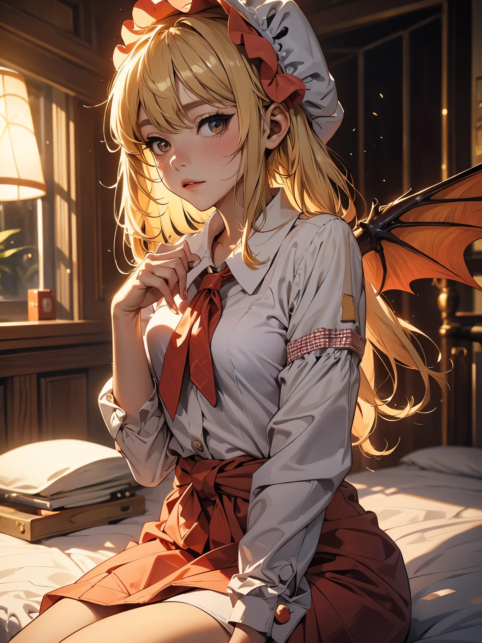 Eastern Project, Flandre Scarlet sitting on the bed in JK uniform, hands crossed at the waist, light yellow hair, warm lighting, blurry foreground, cute, change, アニメ, 4K, with demon wings, shower cap, work of art, trunk