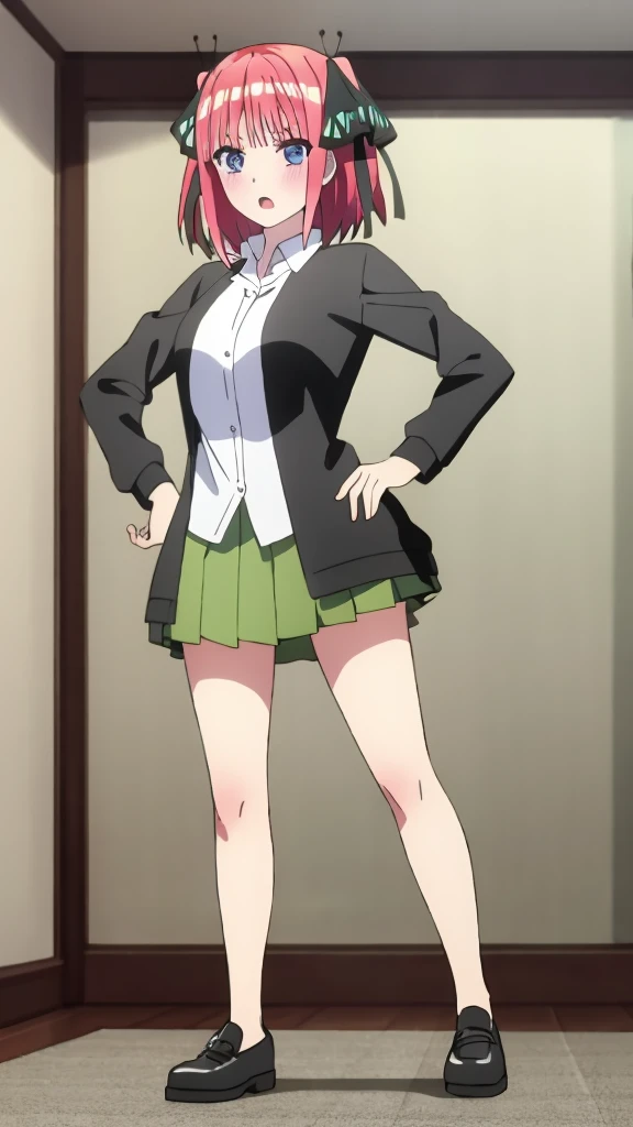 ((best quality)),((highly detailed)),masterpiece,absurdres,detailed face,beautiful face,(detailed eyes, deep eyes),1girl,((dynamic pose)) , Nino, pink hair, blue eyes, butterfly hair ornament, black ribbon, skirt, hair ornament, shirt, bangs, ribbon, green skirt, white shirt, black cardigan, cardigan, open clothes, open cardigan, blunt bangs, hair ribbon, , holding, breasts, pleated skirt, open mouth, v-shaped eyebrows, short hair, twintails, collared shirt, indoors, medium hair, blush, solo, eyebrows hidden by hair, long sleeves, :o, two side up, large breasts, dress shirt, shiny hair, standing, shiny, looking at viewer, medium breasts, full body, standing, hand on hip