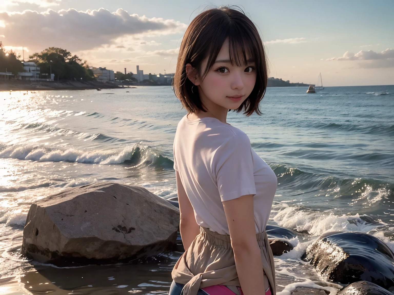 Sea view, 
 Blake Background Only Rock Formation:1.6, 

 Break Foreground only Sandy beach :1.6, 
evening, sunset, Ocean Waves, Water reflection, 
 Anatomically completely correct:1.6, 
((1 Japanese girl)), Very short bob cut:1.2,  blush, Shyly, ************, Open the mouse a little, 
Showing off Slightly Swelled Lower Buttocks from ブーティーショーツ:1.2, 
Moderate ASS,Shorts , (T-shirt waist length:1.4), Non-nipples:1.4, 
 Blake Beautiful Ass,  
Brown Hair, Wet Hair, 
Hilarious:1.0, smile:1.0, Ecstasy:1.0, [[Puff out your cheeks]], 
Viewers looking straight back:1.2, 

Dynamic Angle,, whole body, 
SFW:1.2, 
 break
, RAW Photos, Highest quality, masterpiece, Realistic, PhotoRealistic, Highly detailed 8k wallpaper, Beautiful and detailed eyes, Detailed painted face, 
High key lighting, Professional Lighting, Cinema Lighting, Side Lighting, Bokeh、((One person))、