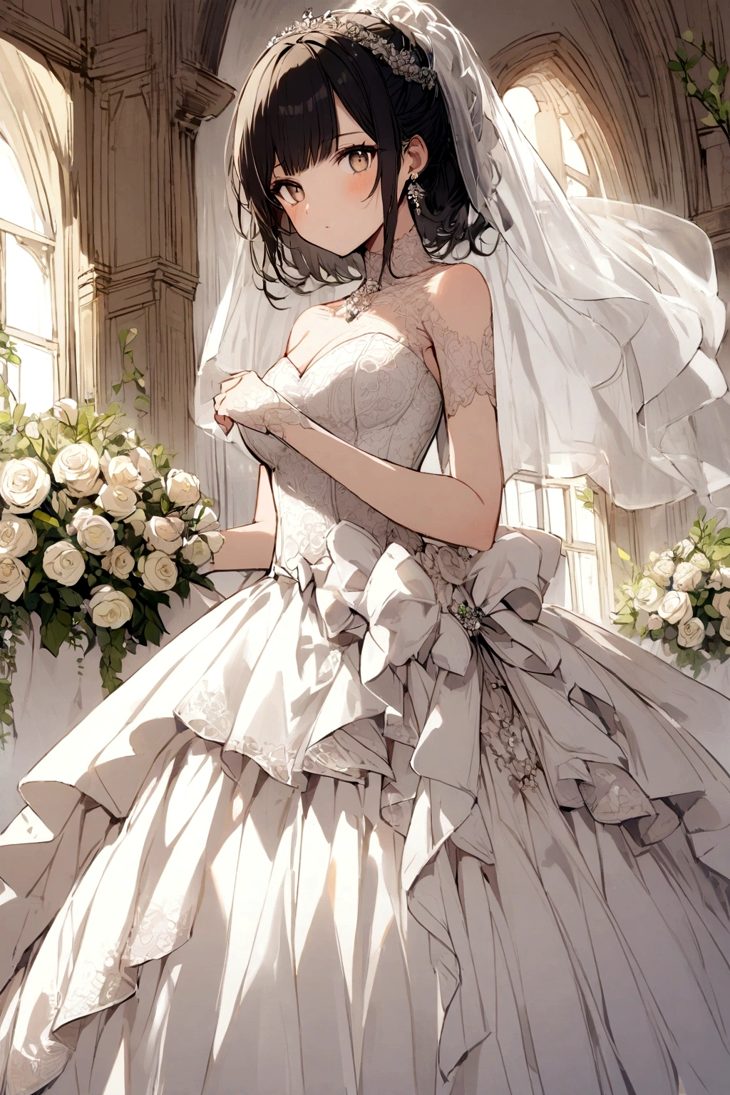 A girl with black hair and light-skinned eyes wearing a wedding dress 