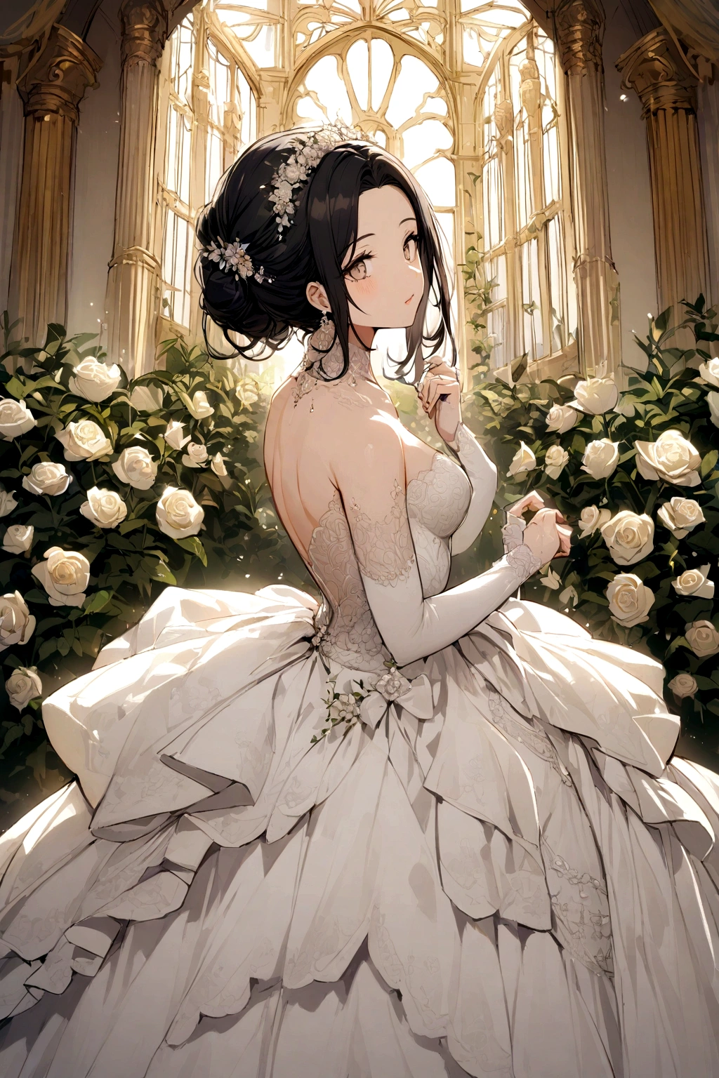 A girl with black hair and light-skinned eyes wearing a wedding dress