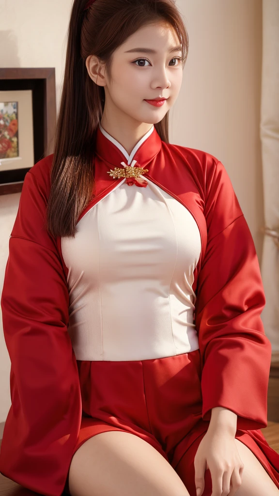 (8K, highest quality, masterpiece: 1.3), (realistic, photorealistic: 1.4), ultra high definition, (ao dai), (red clothes), (japanese female), (high-definition cute face), (large breasts), brown hair, ponytail hair, professional lighting, (closed mouth: 1.2), blush, smile, bra only