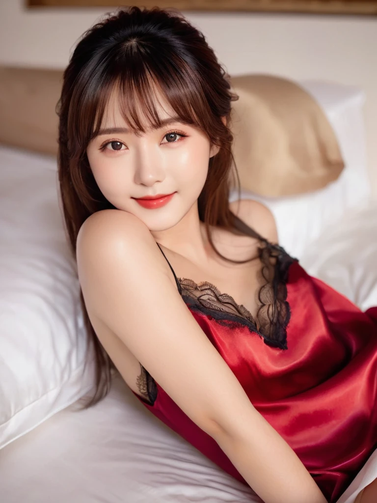 masterpiece, 1 woman per 1photo, full body shot, front view, a Japanese young pretty woman, hyper pretty face, 18 years old, shoulder length hair, sitting on a silk bed with a big smile, wearing only a sleeveless silky satin red chemise with black laces, busty, wet body, glossy lips, glamorous figure, silk pillow, silk bed sheets, double eyelids in both eyes, natural makeup, long eyelashes, shiny smooth light brown hair, asymmetrical bangs, fair skin, central image, 8K resolution, high detail, detailed hairstyle, detailed face, spectacular cinematic lighting, octane rendering, vibrant, hyper realistic, perfect limbs, perfect anatomy