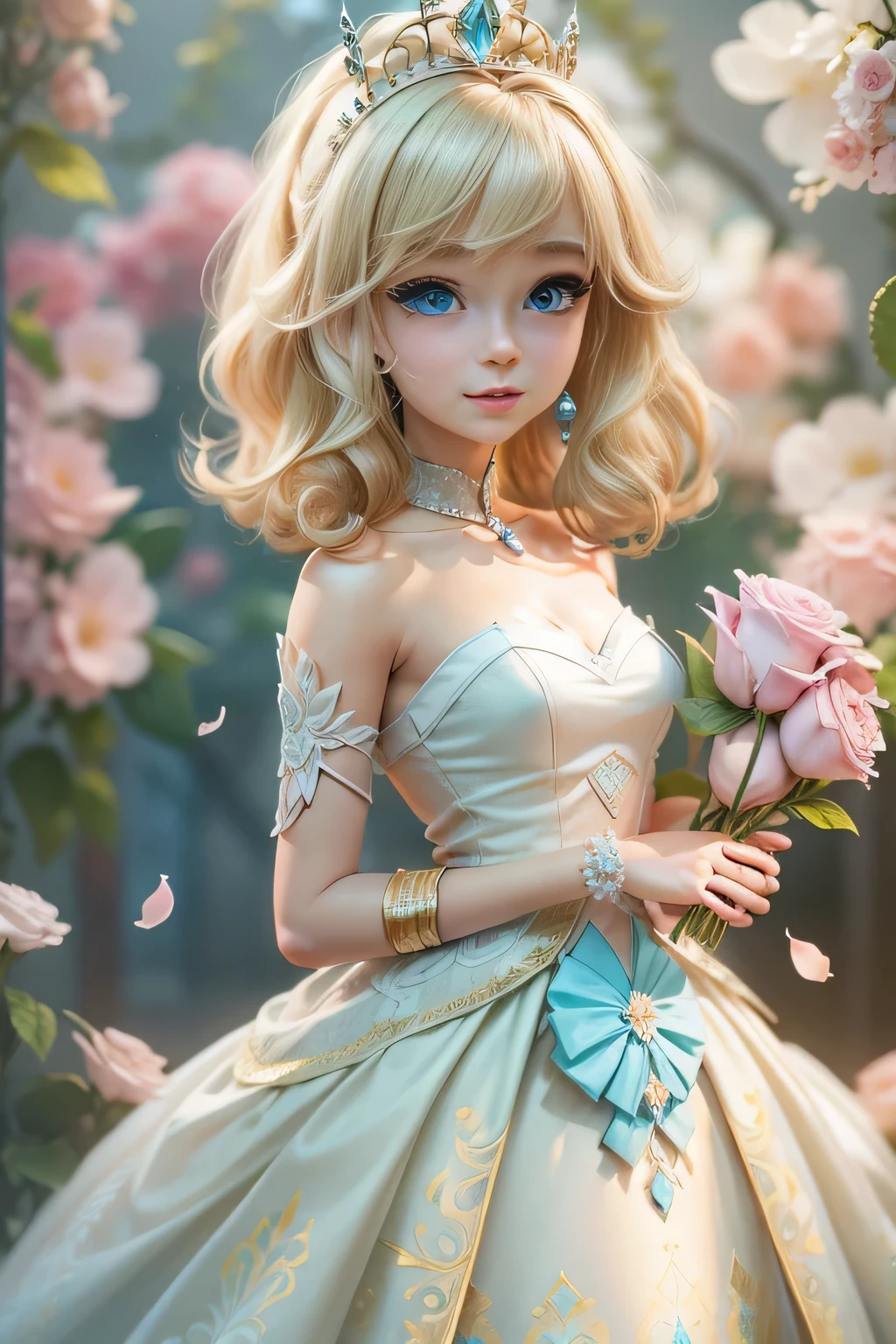 There is a doll in a prom dress, anime barbie in white, Delicate skin, Big blue eyes,Pink rose space,  Anime princess, princess portrait, blond-haired princess, kindly smile, Animated illustration, Disney style, Pixar style, OC Render，Kushatt Krenz Key Art Women, 3 d render stylized, 3 D rendering character art 8 K, Cute detailed digital art,  anime styled 3d，Masterpiece, Super detailed, Epic composition, Highest quality，