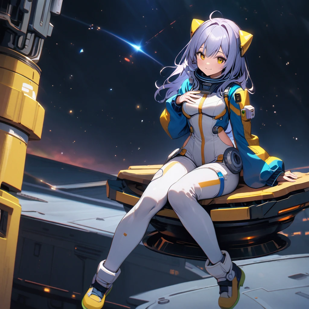 (well done:1) white spacesuit with blue and yellow details in a feminine shape, blue jacket a little torn on top. sitting on top of a space base.