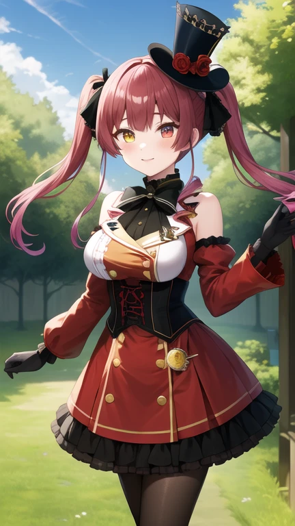 masterpiece, best quality, highres, ddmarine, twintails, drill hair, top hat, hat flower, heterochromia, black bowtie, underbust, bare shoulders, frills, black ribbon, red dress, detached sleeves, red sleeves, long sleeves, corset, black gloves, pantyhose, standing, cowboy shot, garden,