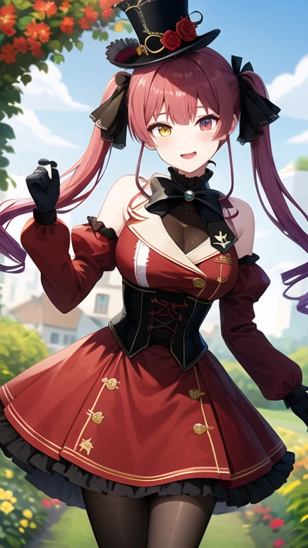 masterpiece, best quality, highres, ddmarine, twintails, drill hair, top hat, hat flower, heterochromia, black bowtie, underbust, bare shoulders, frills, black ribbon, red dress, detached sleeves, red sleeves, long sleeves, corset, black gloves, pantyhose, standing, cowboy shot, garden,