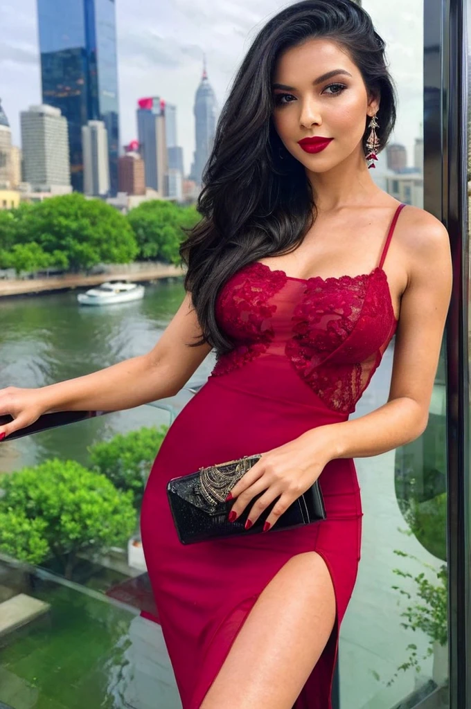 (masterpiece), best quality, perfect woman, midi dress, face detai, red lips, form-fitting, lightweight fabric, lace details, sheer panels, high heels, pointed toe, clutch, subtle accessories, seductive makeup, elegant hairstyle, close-up, cinematic lighting, bokeh, city ligths, river, sexy posture, desire