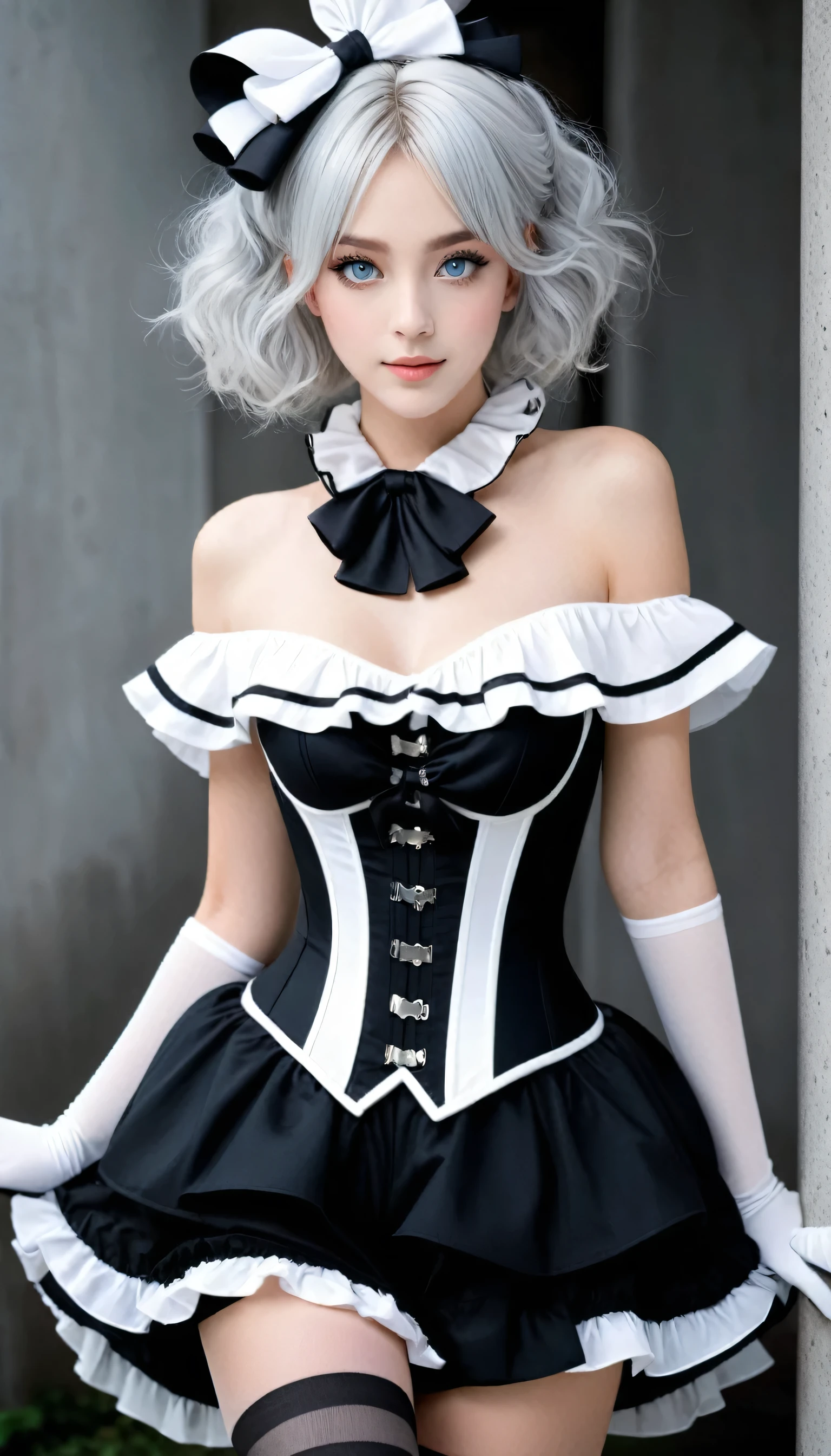 (masterpiece, Best Quality, hyper Detailed, hyper Realistic luna girl:1.3), BREAK beautiful Pretty Japanese ig model, glamorous body, Happy, render of april, (all body shot, active pose:1.2), BREAK (Detailed wear, all body wear:1.2), Monochrome Pierrot Costume,
Opt for a fitted corset bodice with black and white diamond patterns, accentuating the waist, Layer with a ruffled, off-the-shoulder blouse in contrasting black and white hues, adorned with oversized bows for a whimsical touch,
BREAK
Pair with high-waisted black pants, featuring exaggerated ruffles or pleats for added volume and drama,
Accessorize with black and white striped stockings or tights, and patent leather ankle boots with oversized buckles for a modern twist on classic clown footwear, arranged gray hair, BREAK (Detailed medium breasts, Detailed bodyline, Detailed legs and calves), (very slim waist, firm large breasts, large buttocks, beautiful sexy legs:1.3), White and beautiful Silky skin, thin and short neck, (small head, small face), BREAK small head, Detailed face, cute and Pretty (slim oval shape face), Duck mouth, perfectly aligned teet, perfect beautiful Tooth, blue eyes, half open eyes, shiny Droopy eyes, gray hair, looking other, (in a concrete, fog, mist, steem),(nsfw),