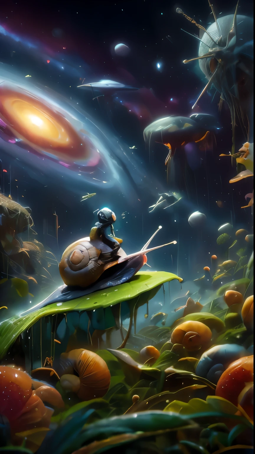 space travel to the outer verse beyond the known universe, past all light knowledge, beyond the stars, to creators, to create Trex, to destructors, to mechanism, void and plasm, feast and phantom, halls and judges, knowing and unknowing, everything and no thing, all possibility's, what is predicted, what is out there, 7k resolution, A diminutive gently smiling little man riding on a snail with happy tears as big as dew drops sitting in the rain on a leaf covered by moss under a large flower with a hole in it where rain gets in, rainy forest background, tiny flowers, sparkling with dew and rain drops, red orange and yellow colors through dappled sunlight,