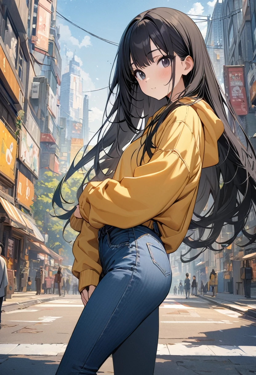 (BEST QUALITY), (MASTERPIECE), illustration, Extremely_detail, 4k wallpaper , 1 girl, tall girl, yellow hoodie, blue jeans, 18 years old , black Hair, long hair, black eyes, cute, beautiful, Background of the city