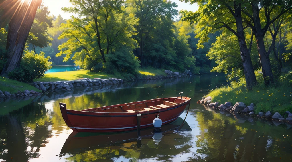 wall-paper, summer lake, lake, rowboat, Afternoon Sun, already, lake background, Depth of field, hot weather, HD detail, Brand d'wet water, hyperdetail, photo realist, 16K, Surrealism, smooth light, deep field focus bokeh, ray tracing, Diffuse (Ultra-thin glass reflection) e Surrealismoo. --v6