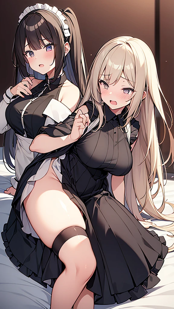 ((masterpiece)), (Highest quality、8K), (Simple style), Two Girls, , Swinging Big , Wearing a face stolen from someone else, No sleeve, Sleeveless, Off the shoulder, Black Dress, Pleated lace, Lace dress, White knee socks. whole body, Luxurious Room, {{The maid who stole the face of a guest、The guest died、顔の皮を失ったゲスト}}, NSFW