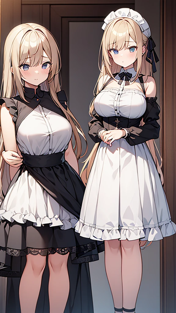 ((masterpiece)), (Highest quality、8K), (Simple style), Two Girls, Big Breasts, Swinging Big , Wearing a face stolen from someone else, No sleeve, Sleeveless, Off the shoulder, Black Dress, Pleated lace, Lace dress, White knee socks. whole body, Luxurious Room, {{The maid who stole the face of a guest、The guest died、顔の皮を失ったゲスト}}, NSFW