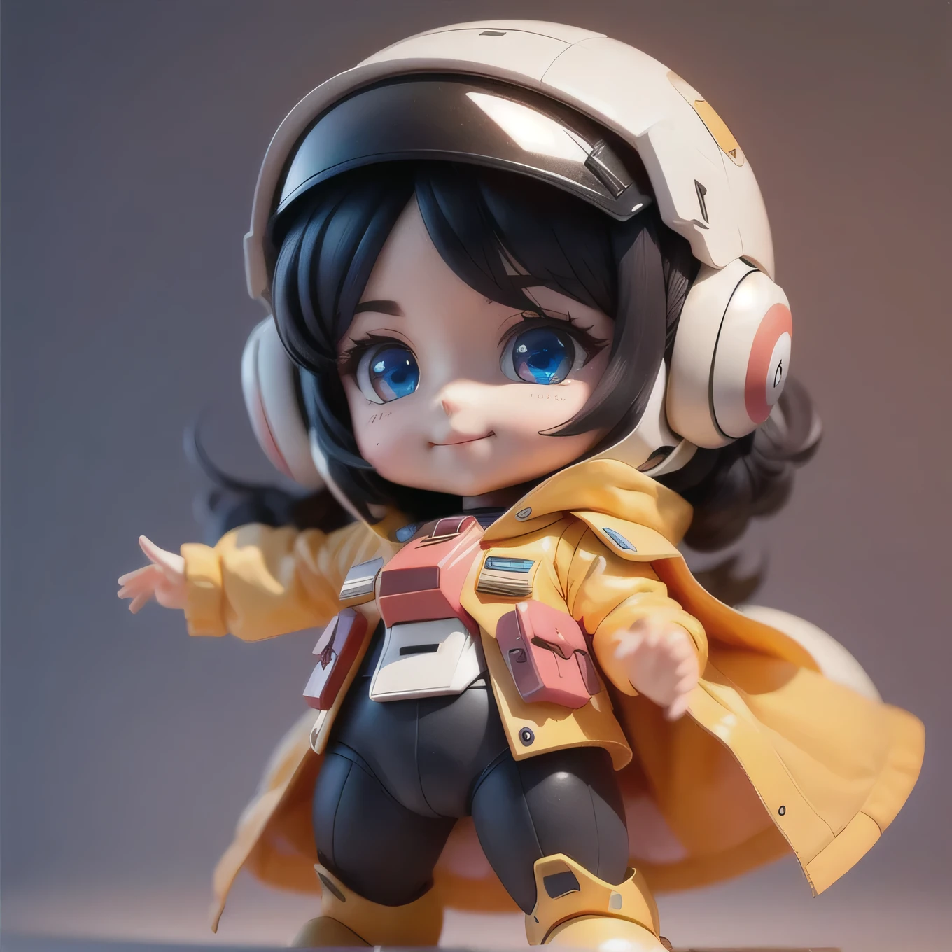 mini\(ttp\), gundam\(rx78\), (8k, RAW photo, best quality),(gundam\(rx78\),(masterpiece),(best quality),(ultra-detailed), (full body:1.2), masterpiece:1.2),((simple background)),1girl,chibi,cute, Sweet smile , gundam helmet , gundam short skirtheadphones, black hair, pink flower, (beautiful detailed face), (beautiful detailed eyes), solo,cybertron,RX-78-2, (full body), mask, dancing, (isometric), miniature,