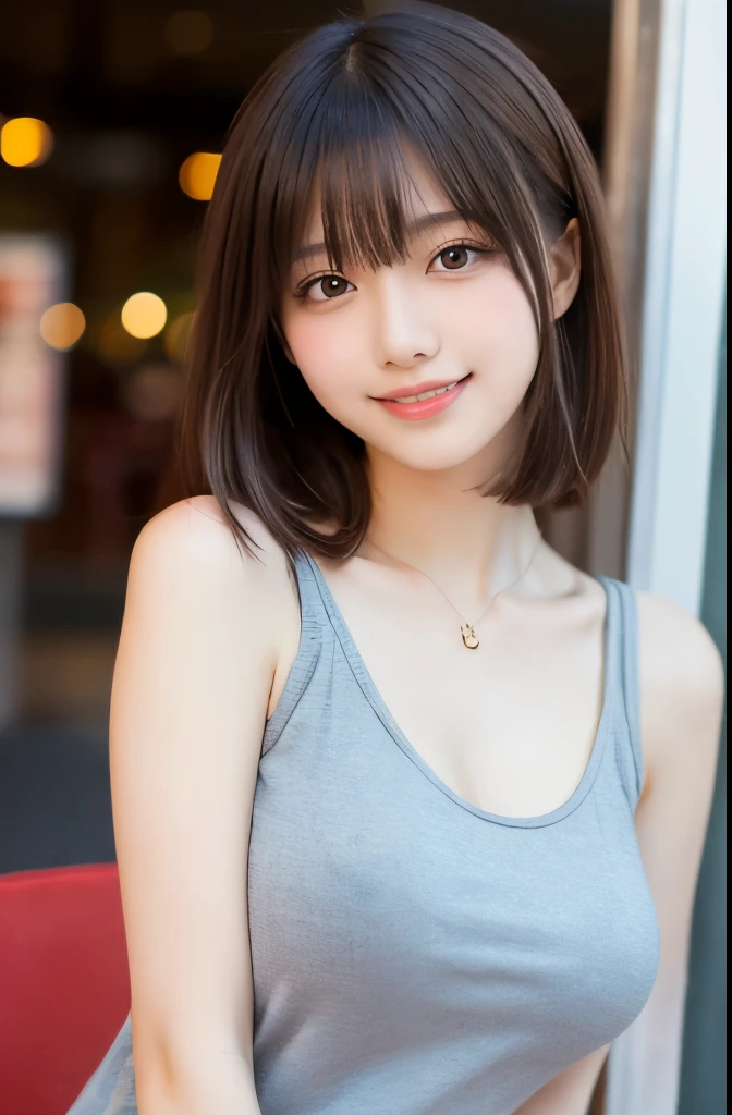 (masterpiece:1.2,Highest quality),Blur the background,1 female college student,((Cute casual clothes)),((Gravure pose)),Shortcuts,((Beautiful Eyes)),Blushed Cheeks,Healthy Skin,(smile),(Shinjuku Date),8K resolution